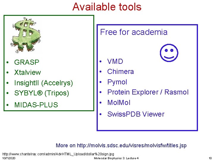 Available tools Free for academia • • GRASP Xtalview Insight. II (Accelrys) SYBYL® (Tripos)