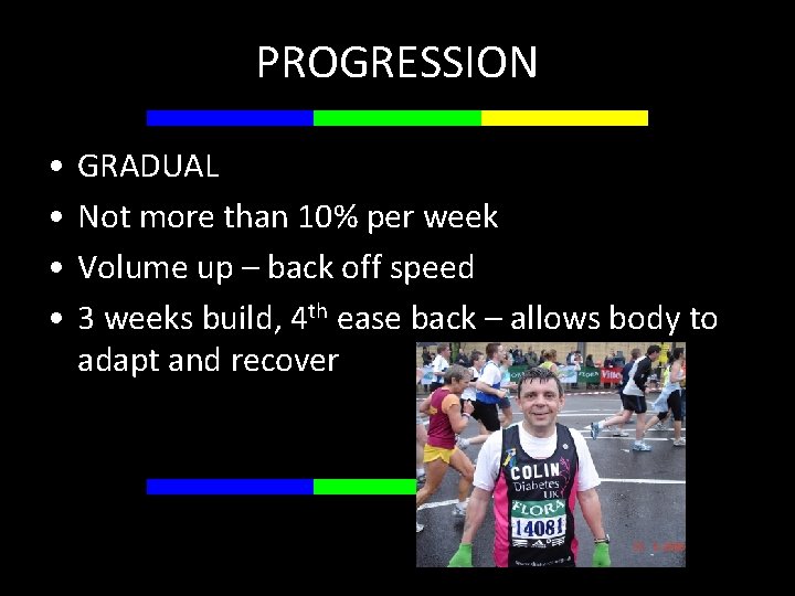 PROGRESSION • • GRADUAL Not more than 10% per week Volume up – back