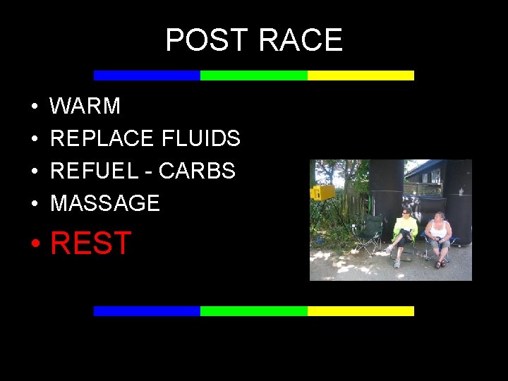 POST RACE • • WARM REPLACE FLUIDS REFUEL - CARBS MASSAGE • REST 