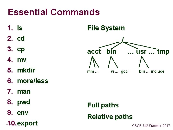 Essential Commands 1. ls File System 2. cd 3. cp / acct bin …