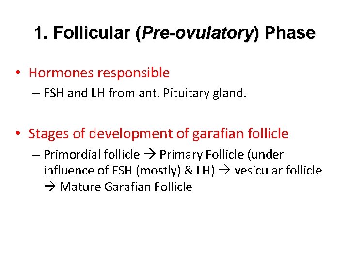 1. Follicular (Pre-ovulatory) Phase • Hormones responsible – FSH and LH from ant. Pituitary