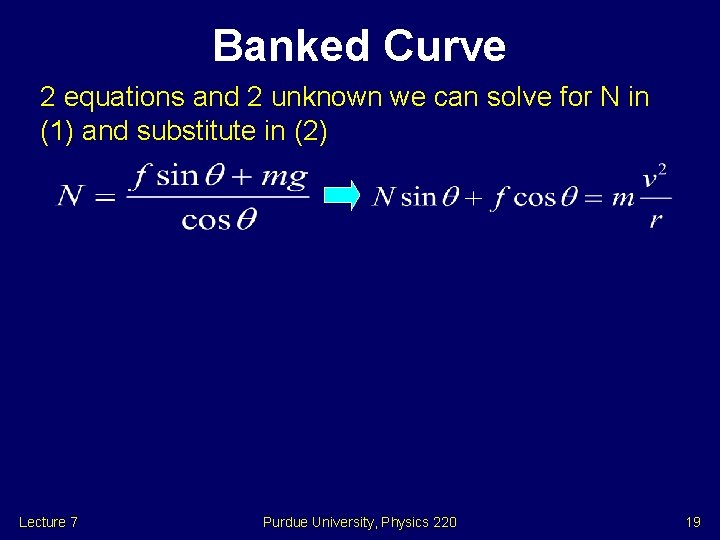 Banked Curve 2 equations and 2 unknown we can solve for N in (1)