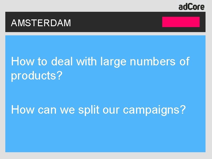 AMSTERDAM How to deal with large numbers of products? How can we split our