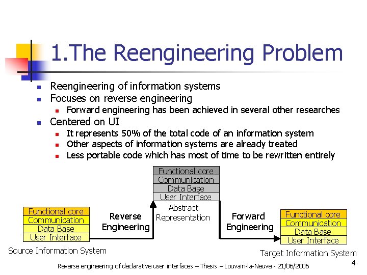 1. The Reengineering Problem n n Reengineering of information systems Focuses on reverse engineering