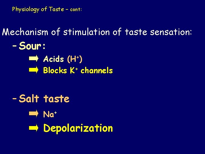 Physiology of Taste – cont: Mechanism of stimulation of taste sensation: – Sour: Acids Physiology of Taste – cont: Mechanism of stimulation of taste sensation: – Sour: Acids