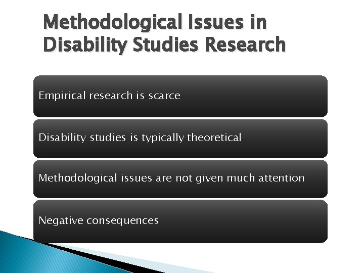 Methodological Issues in Disability Studies Research Empirical research is scarce Disability studies is typically