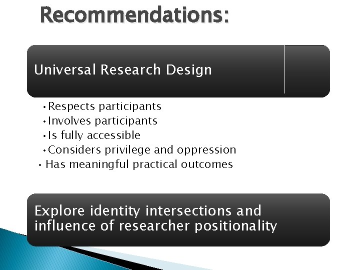 Recommendations: Universal Research Design • Respects participants • Involves participants • Is fully accessible