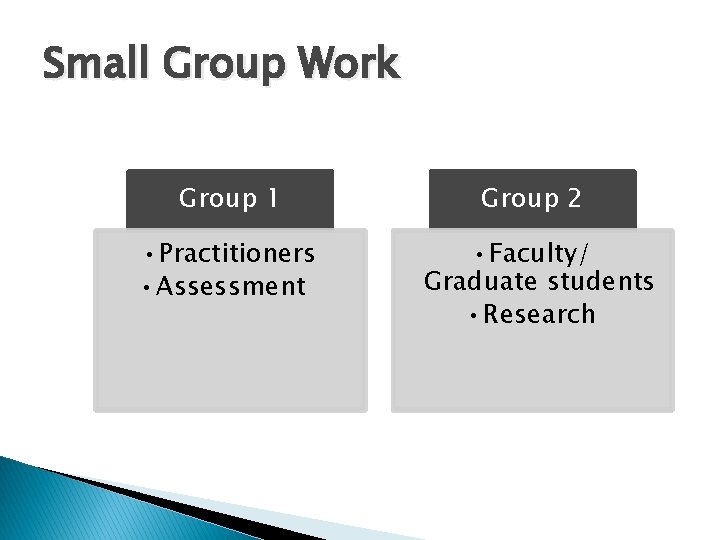 Small Group Work Group 1 Group 2 • Practitioners • Assessment • Faculty/ Graduate