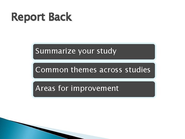 Report Back Summarize your study Common themes across studies Areas for improvement 