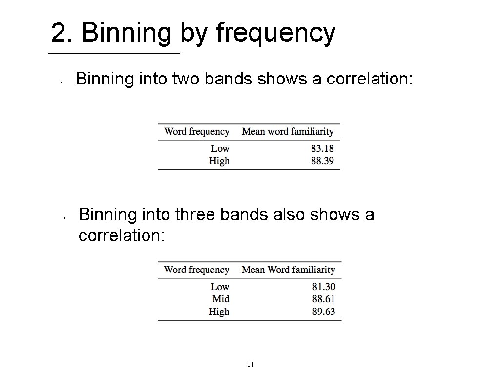2. Binning by frequency Binning into two bands shows a correlation: • • Binning