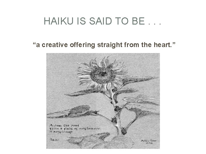HAIKU IS SAID TO BE. . . “a creative offering straight from the heart.