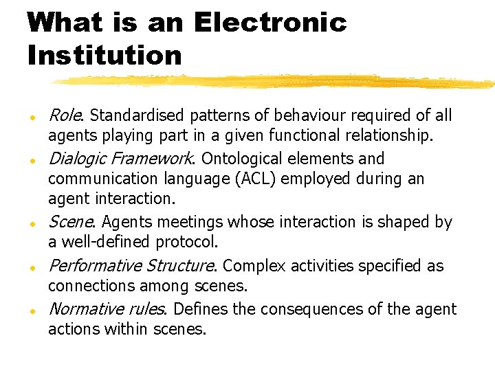 What is an Electronic Institution l l l Role. Standardised patterns of behaviour required