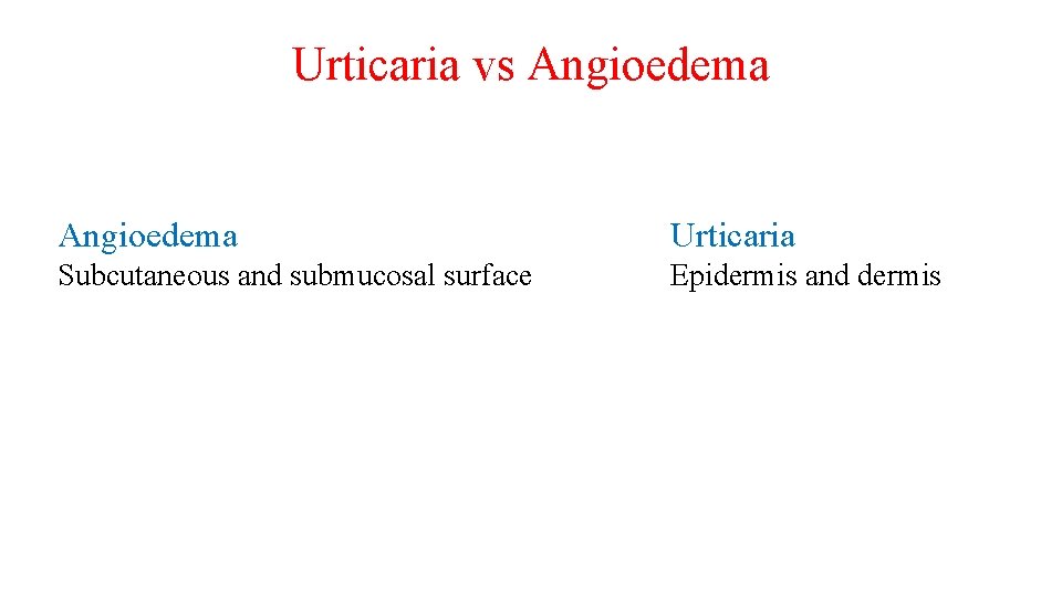 Urticaria vs Angioedema Urticaria Subcutaneous and submucosal surface Epidermis and dermis 