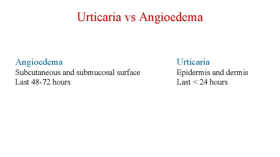Urticaria vs Angioedema Urticaria Subcutaneous and submucosal surface Last 48 -72 hours Epidermis and