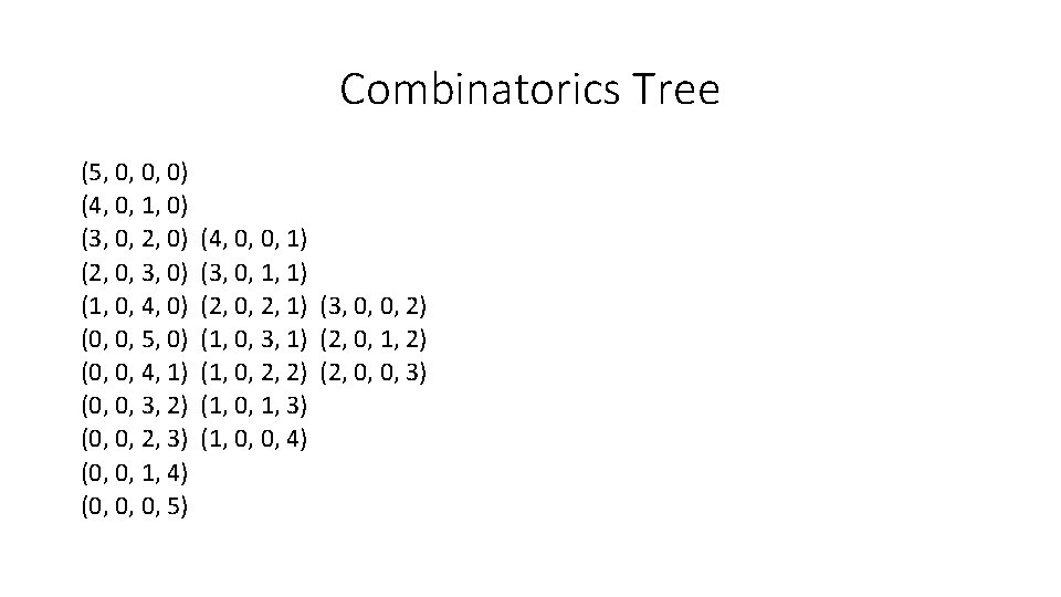 Combinatorics Tree (5, 0, 0, 0) (4, 0, 1, 0) (3, 0, 2, 0)