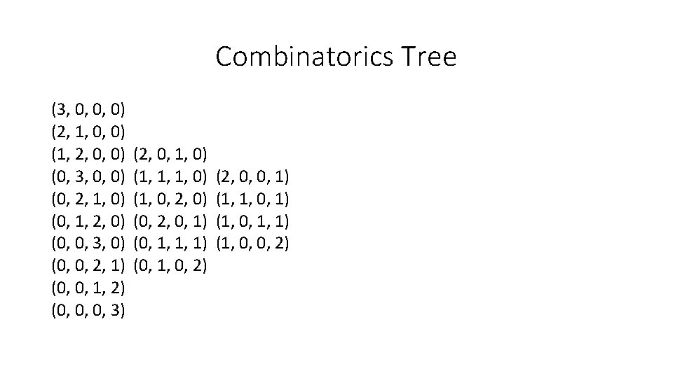 Combinatorics Tree (3, 0, 0, 0) (2, 1, 0, 0) (1, 2, 0, 0)