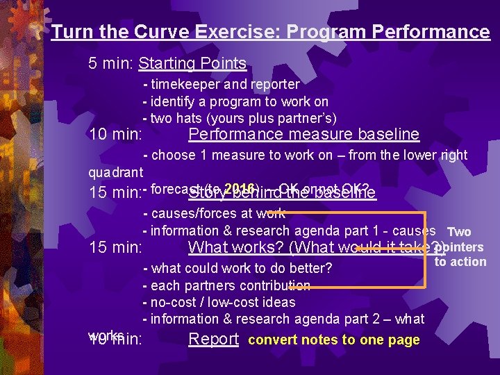 Turn the Curve Exercise: Program Performance 5 min: Starting Points - timekeeper and reporter