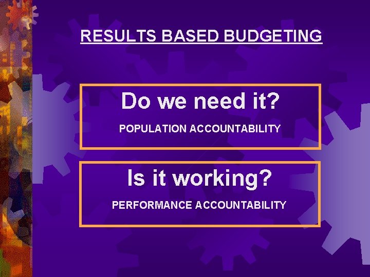 RESULTS BASED BUDGETING Do we need it? POPULATION ACCOUNTABILITY Is it working? PERFORMANCE ACCOUNTABILITY