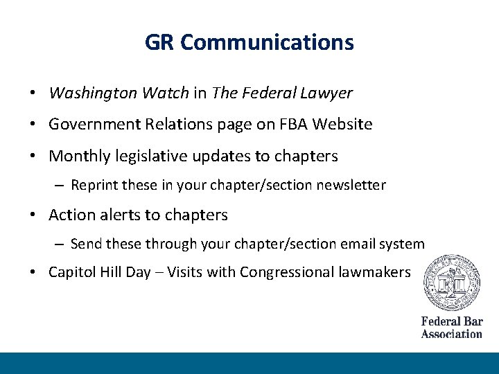 GR Communications • Washington Watch in The Federal Lawyer • Government Relations page on
