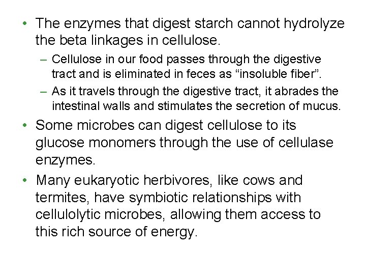  • The enzymes that digest starch cannot hydrolyze the beta linkages in cellulose.