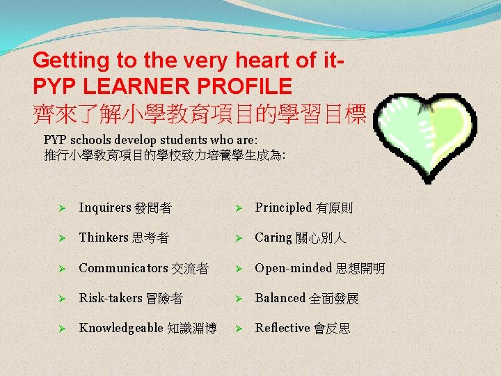 Getting to the very heart of it. PYP LEARNER PROFILE 齊來了解小學教育項目的學習目標 PYP schools develop