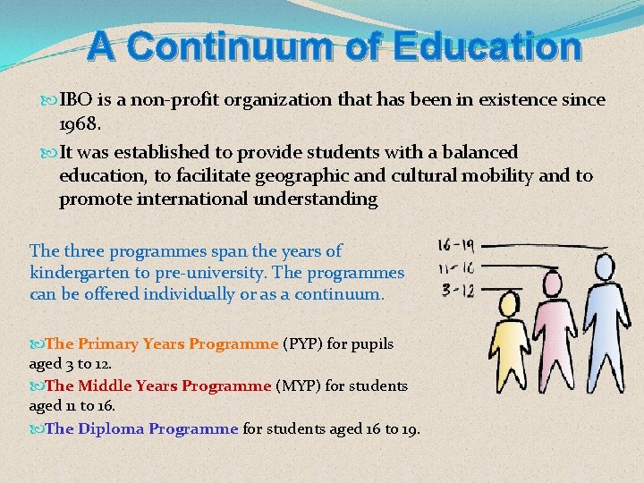 A Continuum of Education IBO is a non-profit organization that has been in existence