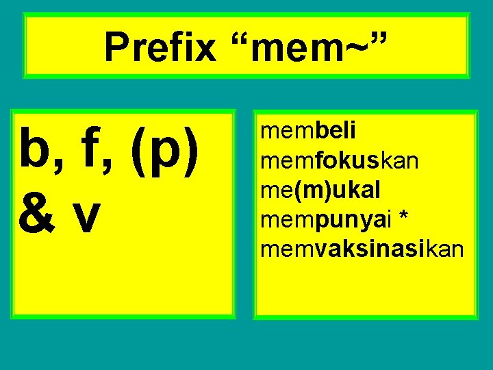 Prefix “mem~” b, f, (p) &v membeli memfokuskan me(m)ukal mempunyai * memvaksinasikan 