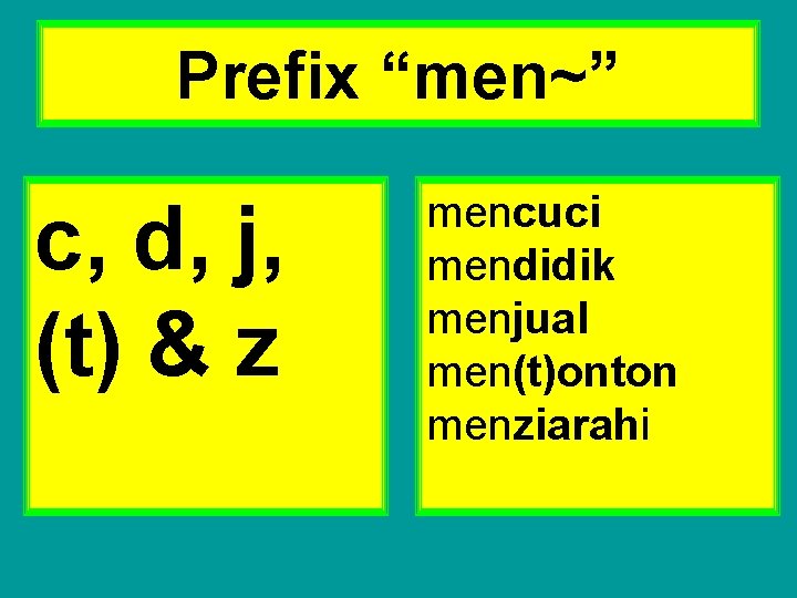 Prefix “men~” c, d, j, (t) & z mencuci mendidik menjual men(t)onton menziarahi 