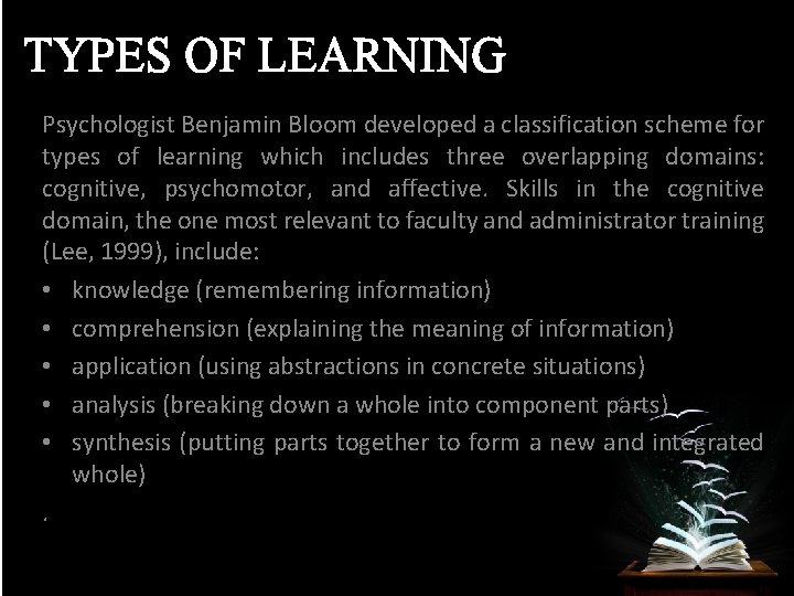 TYPES OF LEARNING Psychologist Benjamin Bloom developed a classification scheme for types of learning