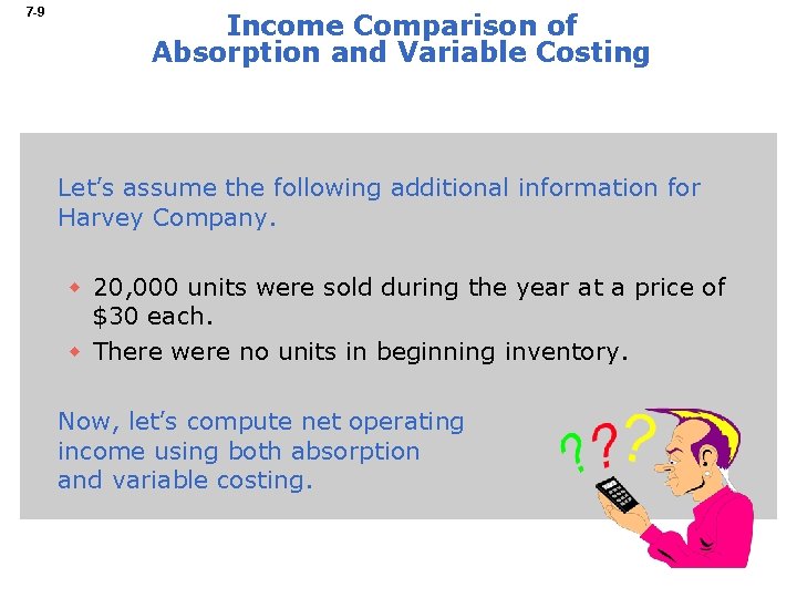 7 -9 Income Comparison of Absorption and Variable Costing Let’s assume the following additional
