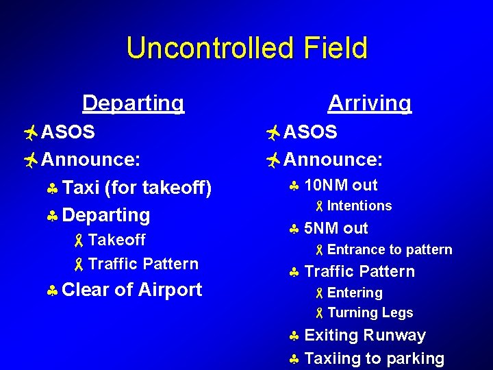 Uncontrolled Field Departing ñASOS ñAnnounce: § Taxi (for takeoff) § Departing -Takeoff -Traffic Pattern
