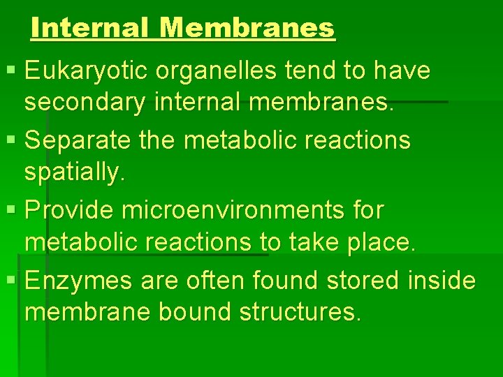 Internal Membranes § Eukaryotic organelles tend to have secondary internal membranes. § Separate the