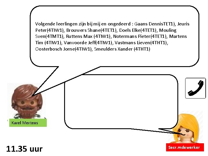 Volgende leerlingen zijn bij mij en ongedeerd : Gaans Dennis. TET 1), Jeuris Peter(4