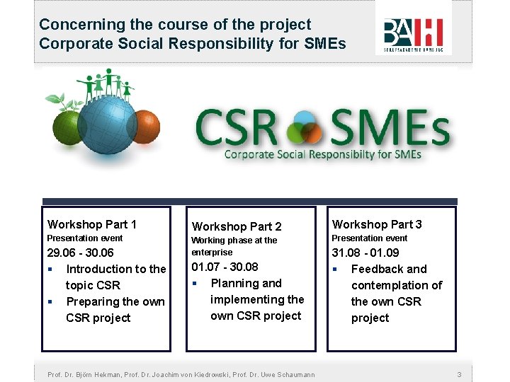 Concerning the course of the project Corporate Social Responsibility for SMEs Workshop Part 1