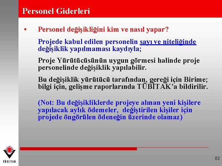 Personel Giderleri • Personel değişikliğini kim ve nasıl yapar? Projede kabul edilen personelin sayı