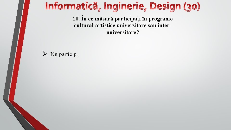 10. În ce măsură participați în programe cultural-artistice universitare sau interuniversitare? Ø Nu particip.