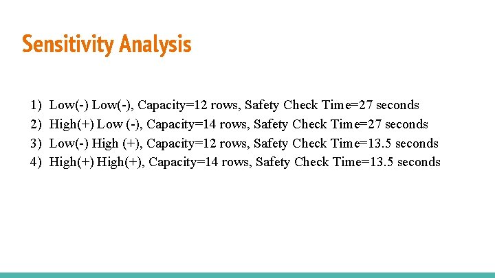 Sensitivity Analysis 1) 2) 3) 4) Low(-), Capacity=12 rows, Safety Check Time=27 seconds High(+)
