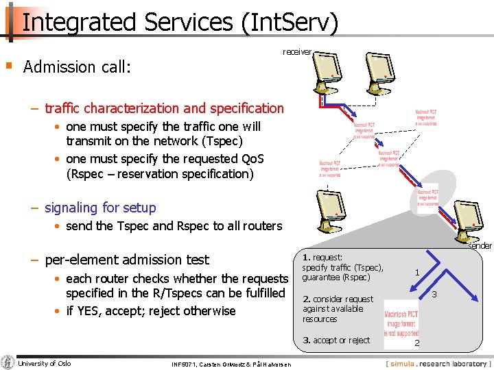 Integrated Services (Int. Serv) receiver § Admission call: − traffic characterization and specification •