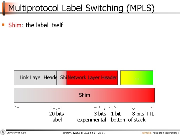 Multiprotocol Label Switching (MPLS) § Shim: the label itself Link Layer Header Shim Network