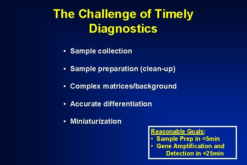 The Challenge of Timely Diagnostics • Sample collection • Sample preparation (clean-up) • Complex