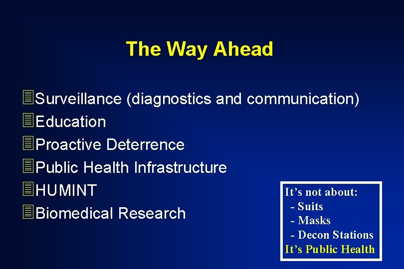 The Way Ahead 3 Surveillance (diagnostics and communication) 3 Education 3 Proactive Deterrence 3