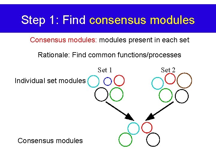 Step 1: Find consensus modules Consensus modules: modules present in each set Rationale: Find