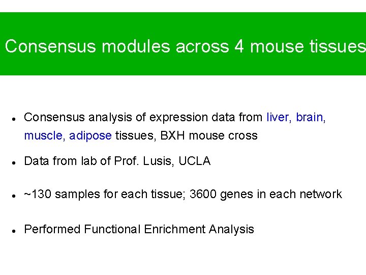 Consensus modules across 4 mouse tissues Consensus analysis of expression data from liver, brain,