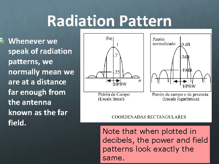 Radiation Pattern Whenever we speak of radiation patterns, we normally mean we are at