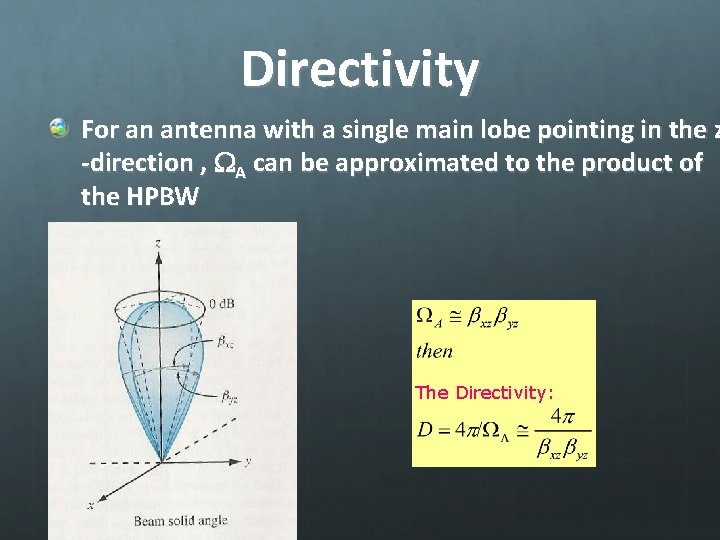 Directivity For an antenna with a single main lobe pointing in the z -direction