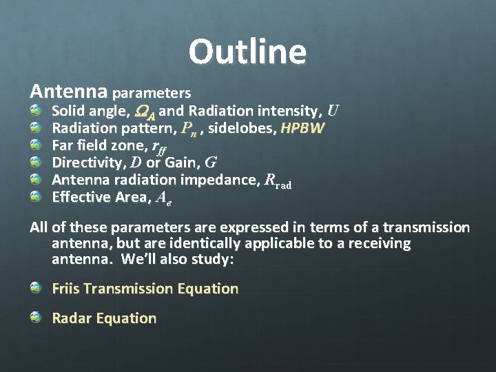 Outline Antenna parameters Solid angle, WA and Radiation intensity, U Radiation pattern, Pn ,