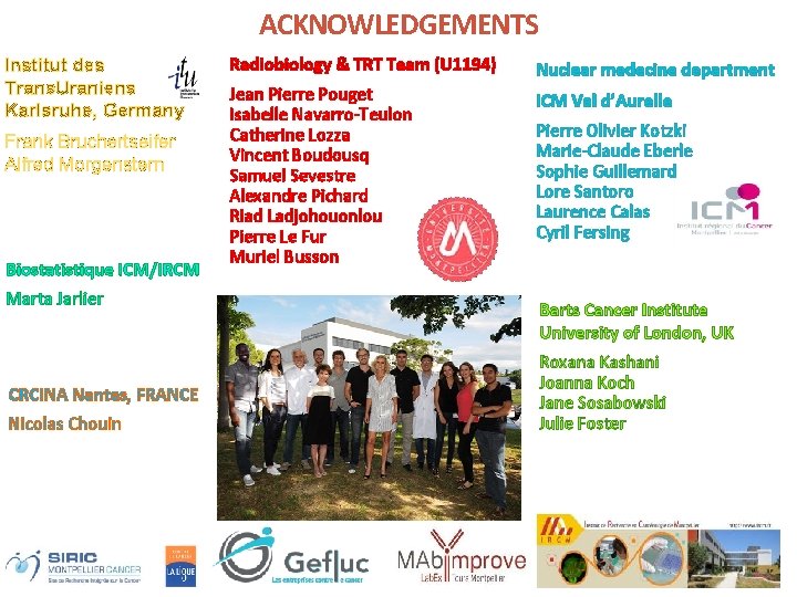 ACKNOWLEDGEMENTS Institut des Trans. Uraniens Karlsruhe, Germany Frank Bruchertseifer Alfred Morgenstern Biostatistique ICM/IRCM Marta