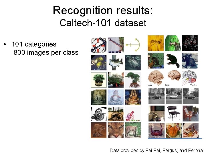 Recognition results: Caltech-101 dataset • 101 categories -800 images per class 40 Data provided