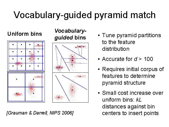 Vocabulary-guided pyramid match Uniform bins Vocabularyguided bins • Tune pyramid partitions to the feature