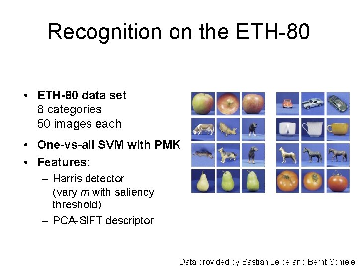 Recognition on the ETH-80 • ETH-80 data set 8 categories 50 images each •